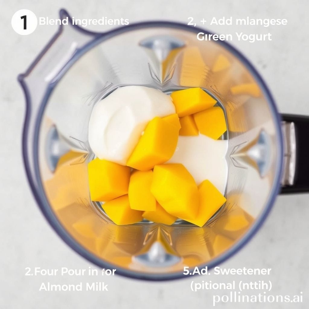 Blend Ingredients
1. Add Mangoes to Blender
2. Add Greek Yogurt
3. Pour in Milk or Almond Milk
4. Add Sweetener (optional)
5